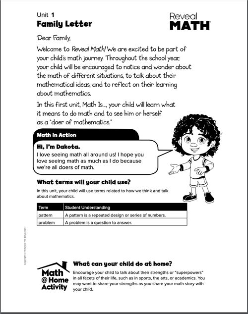 Unit 1 Reveal Math Family Letter